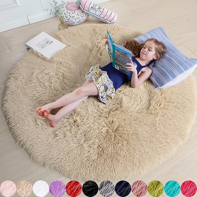 Amdrebio Beige Round Area Rug 6Ft for Living Room Bedroom, Fluffy Plush Shag Furry Circle Rugs for Kids Room Decor Aesthetic, Fuzzy Tan Neutral Circular Carpet for Baby Nursery Classroom Teens Dorm