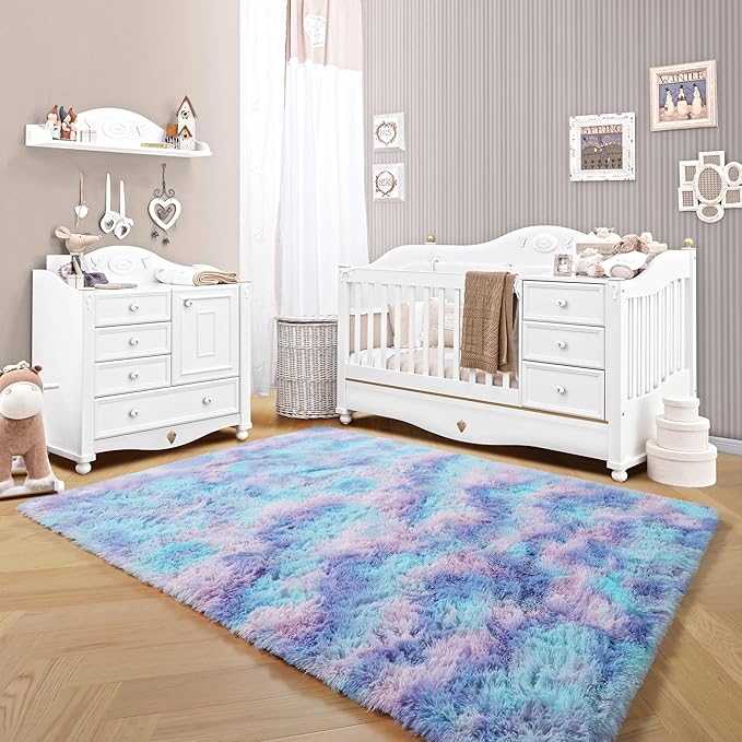 ONASAR Fluffy Area Rugs for Girls Bedroom, 4x6 Purple Rainbow Bedside Rug, Indoor Cute Ultra Soft Plush Shag Floor Carpets for Nursery Kids Teen Girl Dorm Princess Room Playroom Home Decor