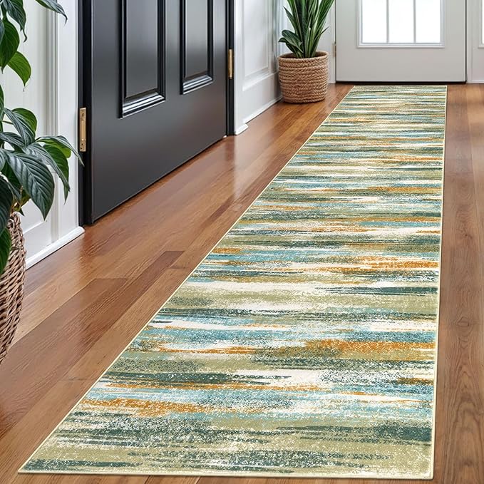 Lansny Modern Abstract Runner Rug 2x10, Green Mustard Multi Washable Long Kitchen Runner Non-Slip Soft Hallway Rug Runner Thin Print Faux Wool Carpet for Entryway Bedroom Laundry Room Indoor