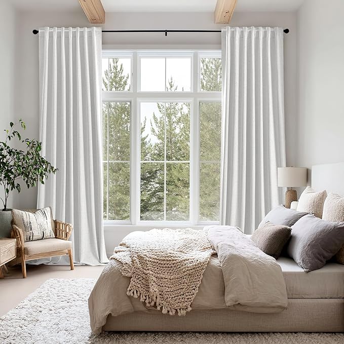 MIULEE 100% Blackout Linen Curtains for Bedroom, Heathered White Solid Luxury Decor Thermal Insulation Room Darkening Drapes for Living Room Nursery Back Tab Rod Pocket 42 x 84 Inches, 2 Panels