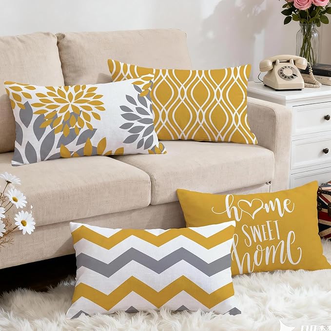 Hexagram Geometric Yellow Pillow Covers 12x20 Set of 4, Decorative Outdoor Boho Modern Throw Pillow Covers, Home Sweet Home Farmhouse Cushion Case for Couch Sofa Bedroom Indoor Decor(No Insert)