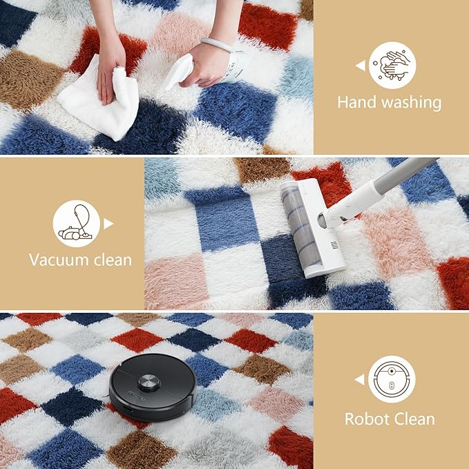 Large Shag Area Rug for Bedroom Living Room,8x10 Fluffy Soft Colorful Checkered Rug Fuzzy Shaggy Bedroom Carpet,Indoor Plush Floor Rugs for Kids Boys Girls Teen Dorm Nursery Home Decor