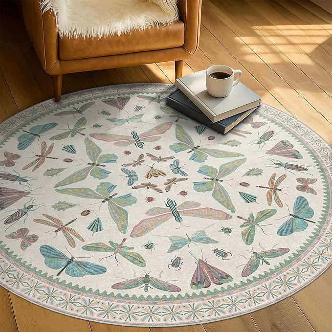 Insect Light Green 5ft Round Area Rug for Living Room - Washable Floral Fun Kids Rugs for Bedroom, Playroom, Boho & Butterfly Design - Low Pile Soft Circle Carpet