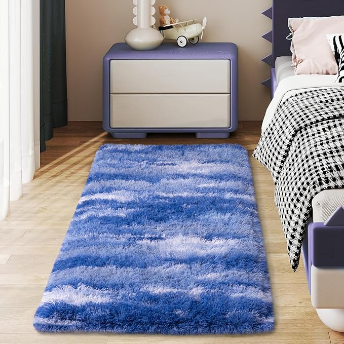 Soft Runner Rugs for Bedroom Hallways, 2x4 Abstract Blue White Fluffy Shag Throw Area Rug Non Slip for Bedside Dorm, Long Shaggy Furry Carpet for Nursery Living Room