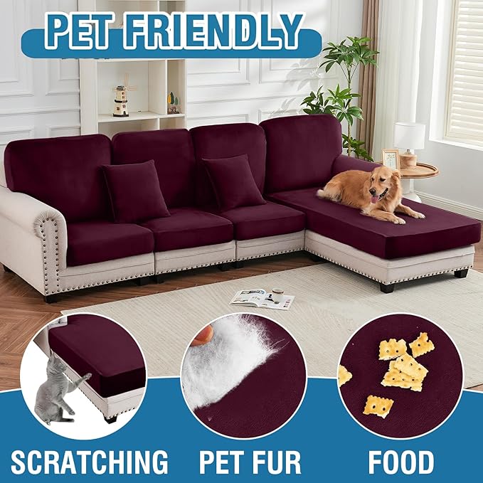Couch Cover Velvet Chaise Cushion Cover for Sectional Sofas - Elastic L-Shaped Sofa Seat Covers Washable, Slipcover Protector (1-Piece, Wine)