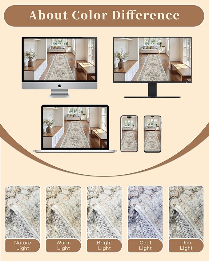 Madane Runner Rugs for Hallway 2x10 Long Washable Non-Slip Hallway Runner Rug Low-Pile Stair Kitchen Runner Soft Throw Carpet for Entrance Living Dining Laundry Room (Light Taupe Brown, 2 x 10)