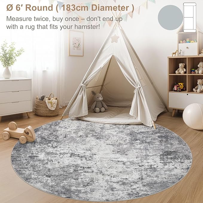 UERMEI 6ft Round Area Rug Living Room Rugs - 6x6 Washable Neutral Modern Abstract Soft Thin Rug Indoor Floor No Slip Rug Carpet for Bedroom Under Dining Table Home Office Decor - Grey