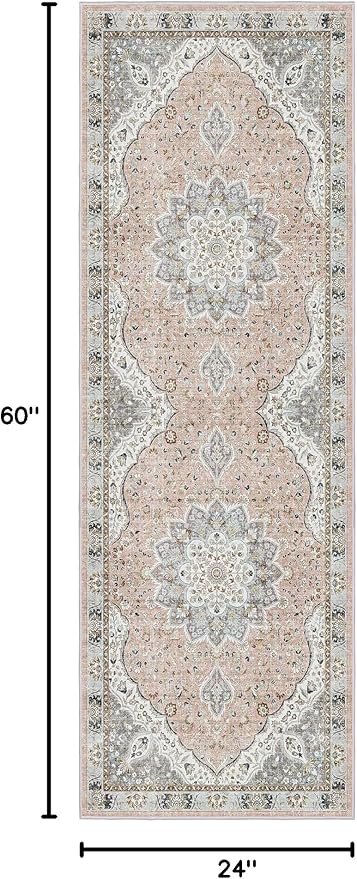 Madane Hallway Runner Rug - 2x5 Rug Runner Washable Runner Rugs Non-Slip Low-Pile Kitchen Runner Rug Laundry Room Rug Throw Carpet for Entrance Bedroom Living Room (2'x5', Pink/Gray)