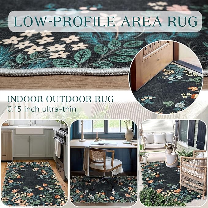 Black Floral Entry Rug - 3x5 Ft Washable Indoor Outdoor Mats for Front Door Porch Rug Non-Slip Spring Door Mat Boho Throw Rugs for Living Room Bedroom Entryway Kitchen Office Porch Decor