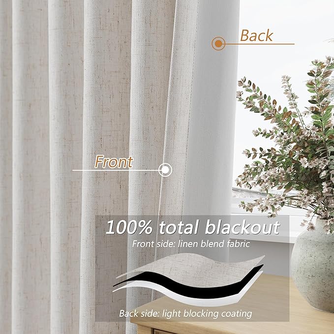 Guken Light Beige 100% Blackout Curtains 112 Inch Length 2 Panels Set Neutral Linen Farmhouse for Bedroom Back Tab Thermal Insulated Black Out Drapes Room Darkening Window Curtain 112 Inches Long