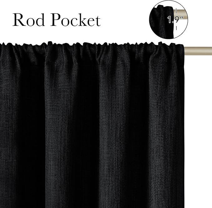 NICETOWN Black Faux Linen Room Darkening Rod Pocket Curtains 63 inch Length, W42 x L63, Light Blocking Thermal Insulated Noise Reducing Drapes for Bedroom Living Room Farmhouse Decor, 2 Panels