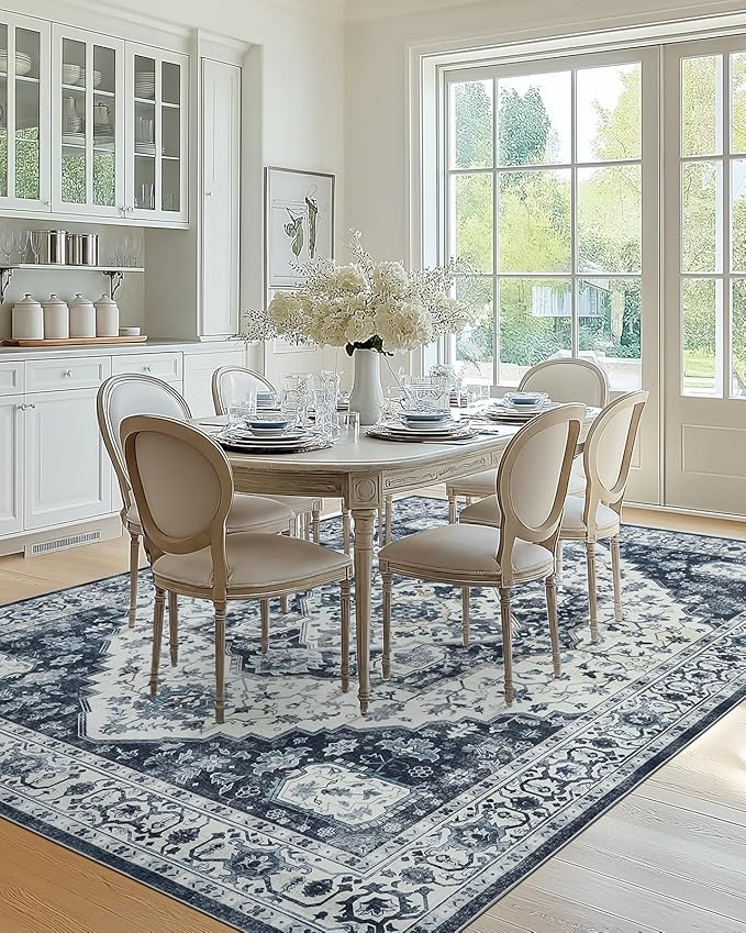 AMADA HOMEFURNISHING 8x10 Area Rug, Washable Low-Profile Large Area Rug with Non-Slip Backing & Durable Edge Binding, Vintage Large Rugs for Living Room, Bedroom