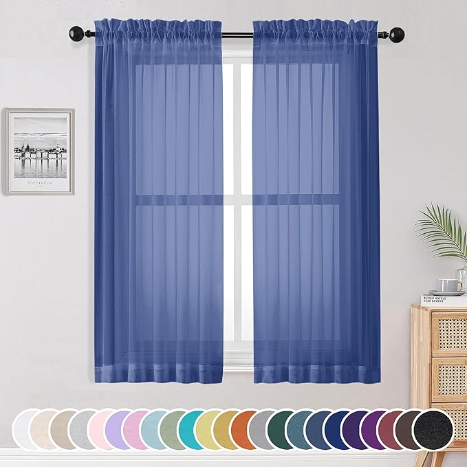 OWENIE Sheer Curtains 63 Inch Length 2 Panels Set, Light Weight Soft Solid Fimly Sheer Curtains for Bedroom Living Room, Light Filtering Airy Voile Sheer Curtain, Royal Blue, 42Wx63L Inch