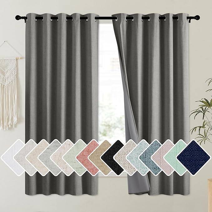 NICETOWN Grizzle Gray Vintage Linen 100% Blackout Curtains for Kitchen, Thermal Insulated Curtains 63" Long, Noise Reducing Window Treatment Drapes for Dorm Room, 62" Wide Per Panel, Set of 2