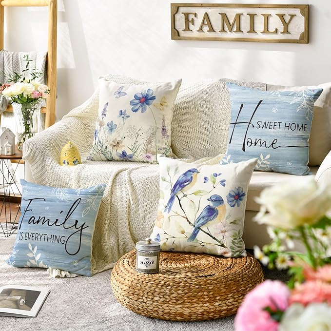 AVOIN colorlife Spring Saying Flowers Butterfly Bird Throw Pillow Covers, 16 x 16 Inch Home Sweet Home Blue Cushion Case for Sofa Couch Set of 4