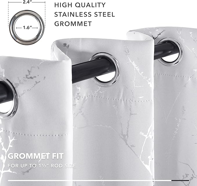 Deconovo Greyish White Curtains, Room Darkening Curtain, Thermal Insulated Soundproof Drapes, Silver Branch Print, 42 x 84 Inch Long, Grommet Window Panels for Living Room Bedroom Nursery, Set of 2