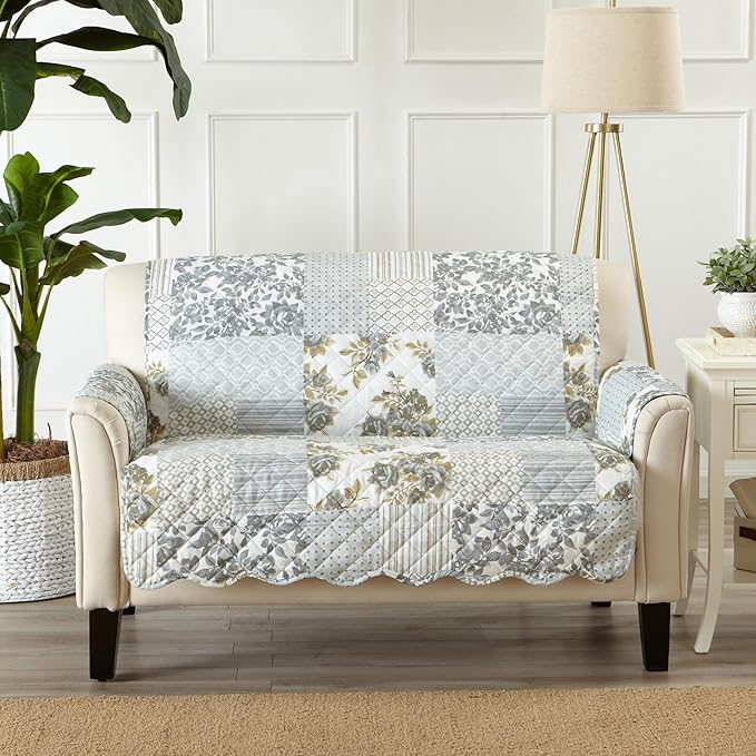 Great Bay Home Reversible Patchwork Loveseat Cover - Washable Slipcover Furniture Protector with Elastic Straps - Perfect for Kids & Pets - Box-Stitched Detail (Grey)