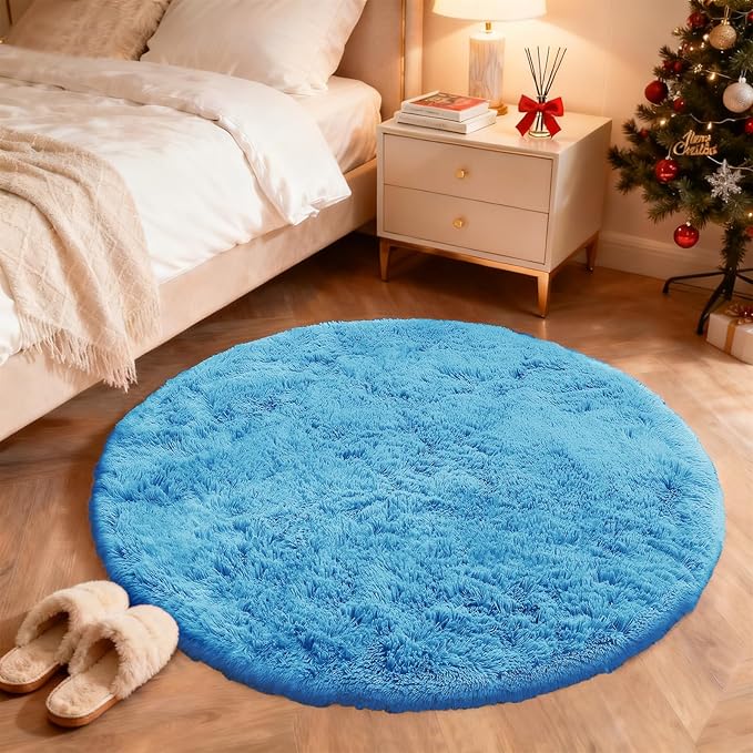 OLANLY Bright Blue Round Rugs for Bedroom - Machine Washable, 4 ft Circle Area Rugs for Living Room, Soft and Fluffy Shaggy Carpet for Teen Girl and Boys, Nursery Rooms, Dorms, Home Decor Aesthetic