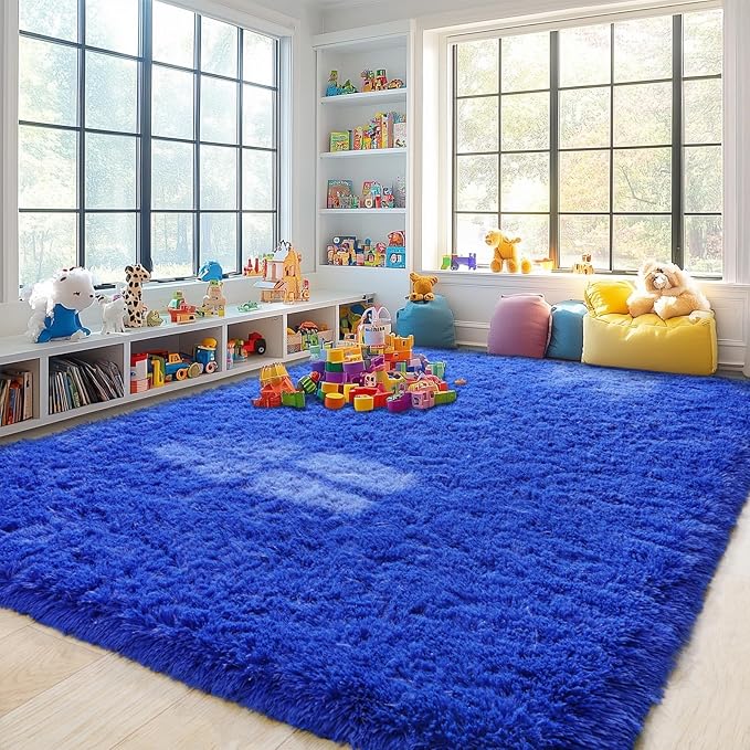 Pionblank 8x10 Rug for Living Room, Fuzzy Plush Large Area Rug, Fluffy Modern Shag Non Slip Soft Furry Carpet for Bedroom Kids Room Nursery Teens Dorm Home Decor, Royal Blue