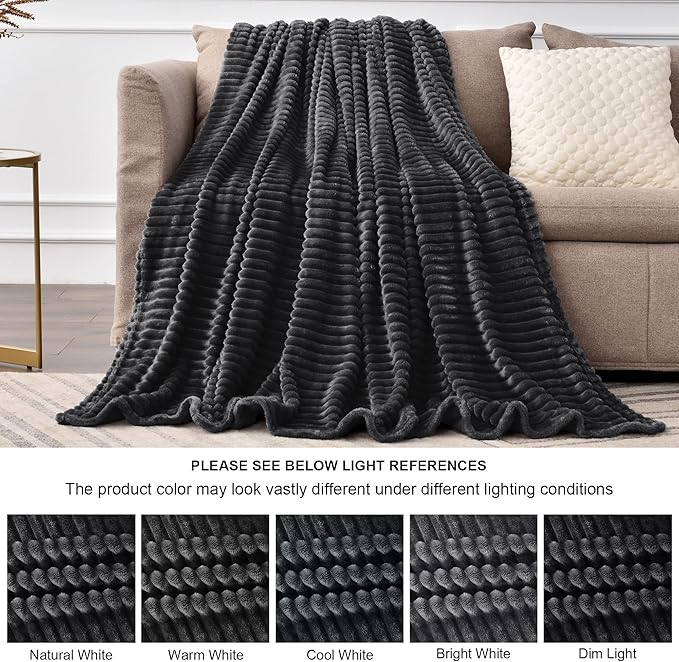 BEDELITE Fleece Blanket Queen Size – 3D Ribbed Jacquard Soft and Warm Decorative Fuzzy Blankets – Cozy, Fluffy, Plush Lightweight Throw Blankets for Couch, Bed, Sofa(Black, 90x90 inches)