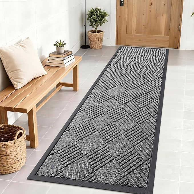 OLANLY Front Door Mat Outside Entrance 71x23, Absorbent, Heavy Duty Sturdy Natural Rubber Doormat Indoor Outdoor, Stain and Fade Resistant, Non-Slip Low Profile Floor Mat for Entryway, Grey Diamond