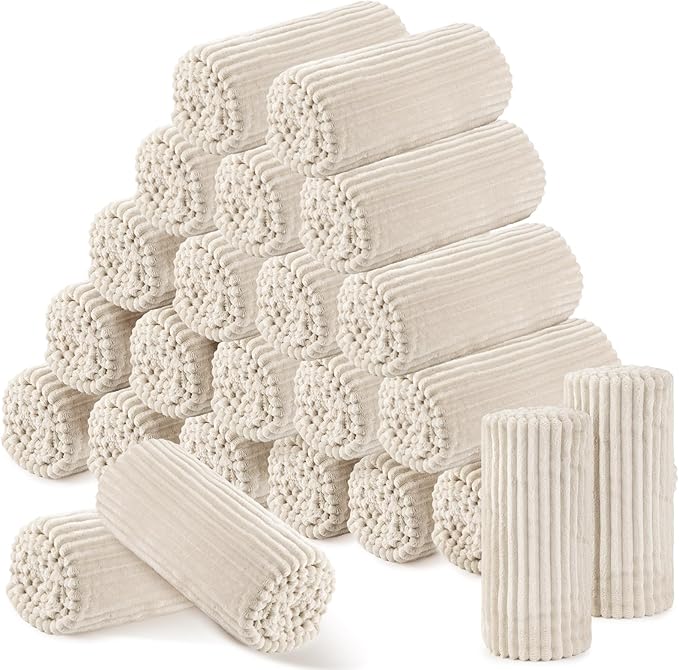 Buryeah 24 Pcs Flannel Throw Blanket Bulk 50 x 60 in Sleepover Blanket Outdoor Wedding Throw Lightweight, Oeko-tex Standard 100 Certified for Sofa Homeless Gifts (Beige)