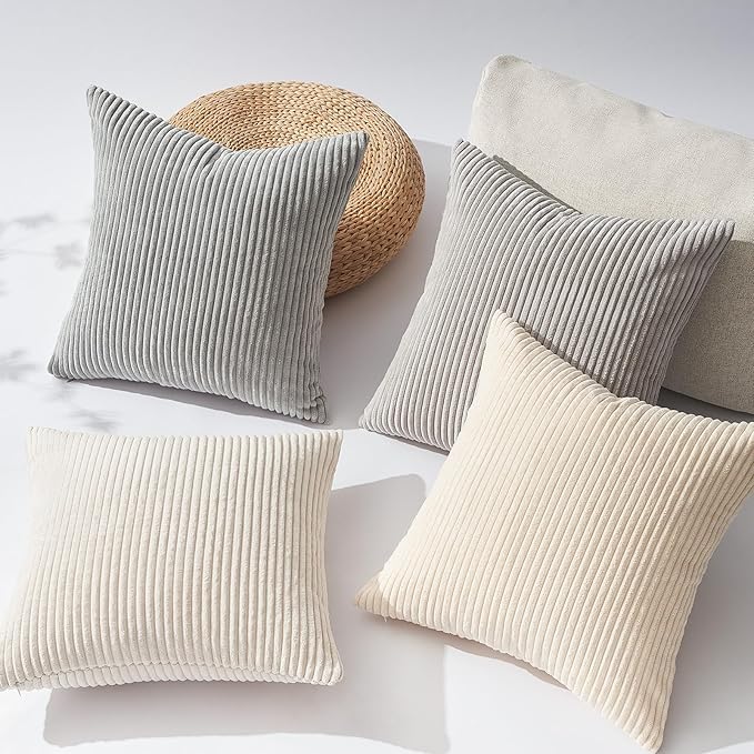 Topfinel 4 Packs Neutral Decorative Throw Pillows Covers 24x24 Inch for Living Room Couch Bed Sofa, Rustic Farmhouse Boho Neutral Home Decor, Soft Plush Striped Corduroy Square Cushion Case 60x60 cm