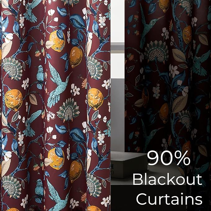 Topfinel Rust Boho Floral Curtains 90 Inches Long 2 Panels Unique Luxury Elegant Colorful Euro Flower Hummingbird Patterned Rustic Vintage Grommet Drapes for Classroom Room Office Closet