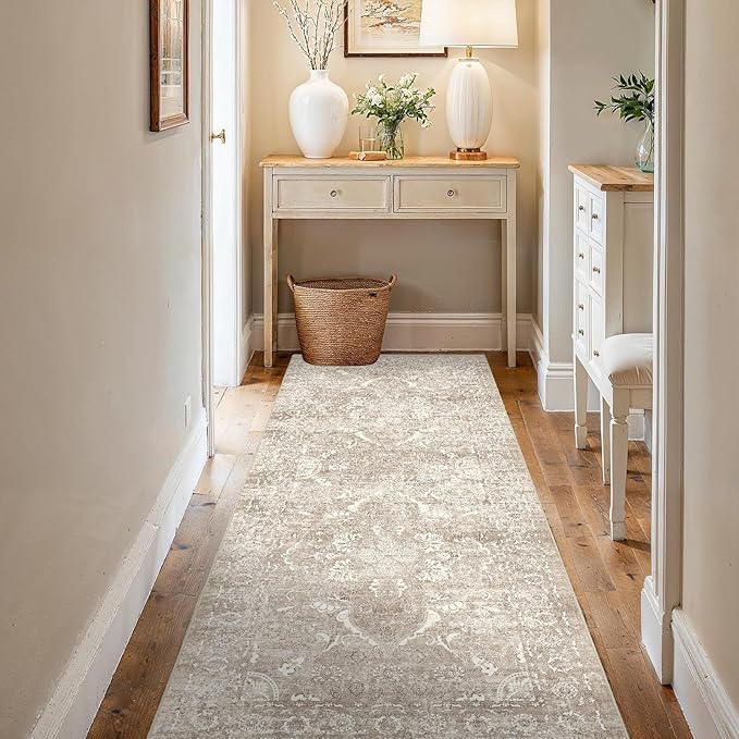 3x6 Washable Hallway Runner Rug - Non Slip Kitchen Runner Rugs with Rubber Backing Vintage Low-Pile Carpet Runners for Entryway Dining Room Laundry Room Home Decor (Beige)