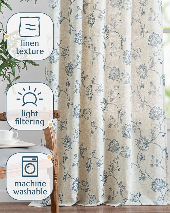 jinchan Linen Curtains Floral Curtains 63 Inch Length for Living Room Bedroom Light Filtering Rod Pocket Back Tab Jacobean Curtains Flax Linen Texture Window Drapes Set 2 Panels Blue on Linen