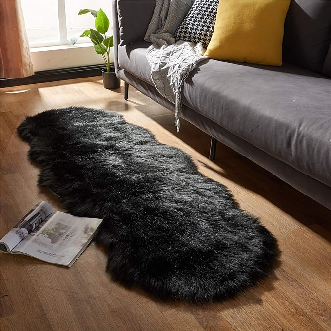 EasyJoy Ultra Soft Fluffy Shaggy Area Rug Faux Fur Rug Chair Cover Seat Pad Fuzzy Area Rug for Bedroom Floor Sofa Living Room (2 x 6 ft Sheepskin, Black)
