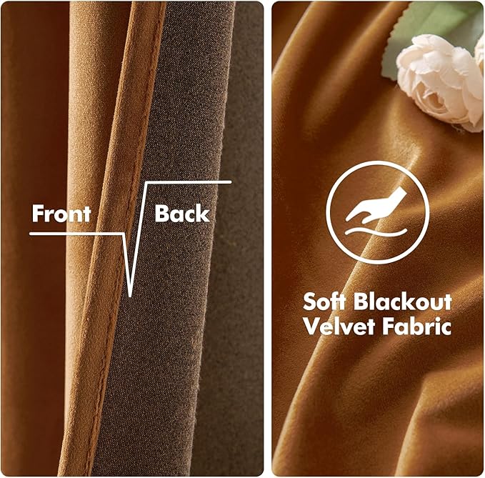 MIULEE Velvet Curtains Gold Brown Elegant Grommet Curtains Thermal Insulated Soundproof Room Darkening Curtains/Drapes for Fall Living Room Bedroom Decor 52 x 90 Inch Set of 2, Pumpkin Brown