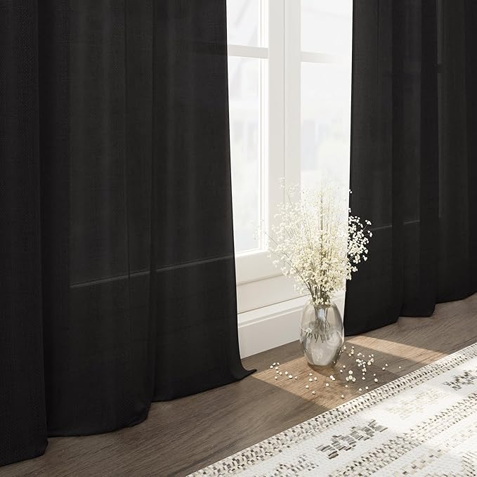 Vintage Black Linen Curtains for Living Room 90 Inches Long Light Filtering Semi Sheer Curtain Back Tab and Rod Pocket Privacy Luxury Gothic Vintage Decor Drapes for Bedroom Office 52x90, 2 Panels