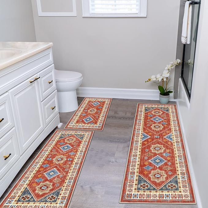 HEBE Boho Kitchen Rug Sets 3 Piece with Runner Non Slip Kitchen Rugs and Mats Washable Kitchen Mats for Floor Thick Kitchen Floor Mat Carpet Runner Rugs for Hallway Laundry Holiday Decor