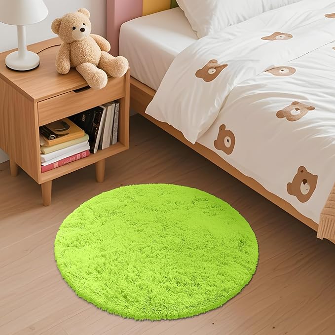 OLANLY Lime Green Round Rugs for Bedroom - Machine Washable, 2 ft Circle Area Rugs for Living Room, Soft and Fluffy Shaggy Carpet for Teen Girl and Boys, Nursery Rooms, Dorms, Home Decor Aesthetic
