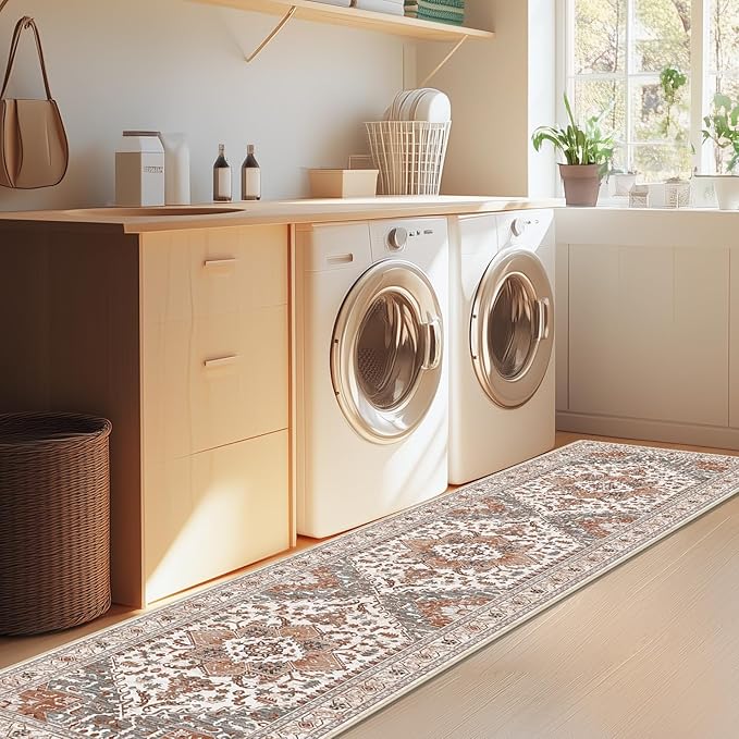 Yamaziot Washable Runner Rug, 2x8 Non-Slip Boho Vintage Hallway Rug Runner with Rubber Backing, Low Pile Faux Wool Distressed Carpet Runner for Bedroom, Kitchen, Laundry, Entrance, Ginger Grey