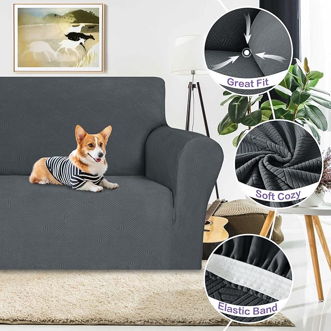 ZNSAYOTX Super Stretch Couch Cover (72"-92"), New Striped Sofa Covers Fitted Slipcovers with Elastic Bottom, Dog Cat Pets Proof Spandex Fabric Comfortable & Durable (Dark Grey, Sofa)