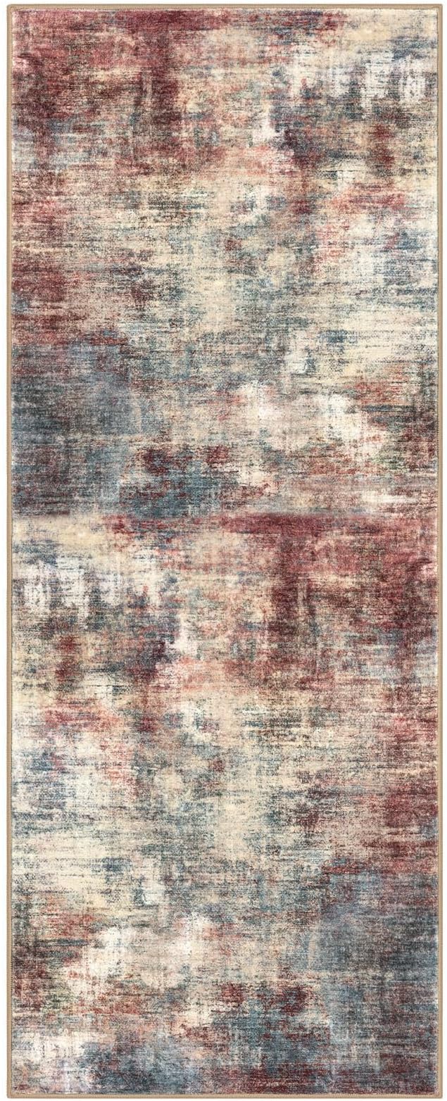 IOHOUZE Abstract Runner Rug 3x8 Ft Washable Runners for Hallways, Non Slip Kitchen Runner Printed Faux Wool Entryway Runner Indoor, Modern Abstract Floor Carpet for Hall Bedroom, Red/Multi
