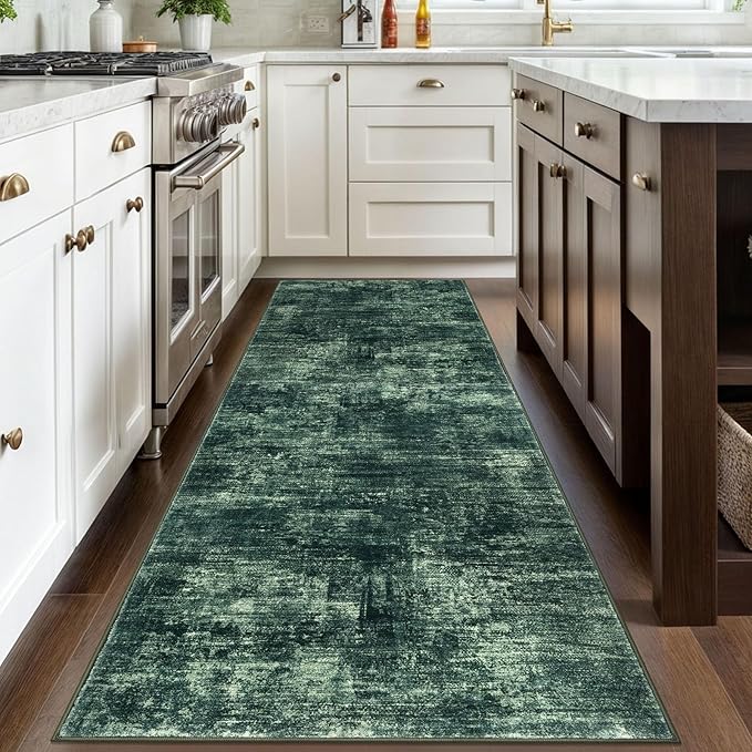 IOHOUZE Abstract Runner Rug 3x8 Ft Washable Runners for Hallways, Non Slip Kitchen Runner Printed Faux Wool Entryway Runner Indoor, Modern Abstract Floor Carpet for Hall Bedroom, Dark Green