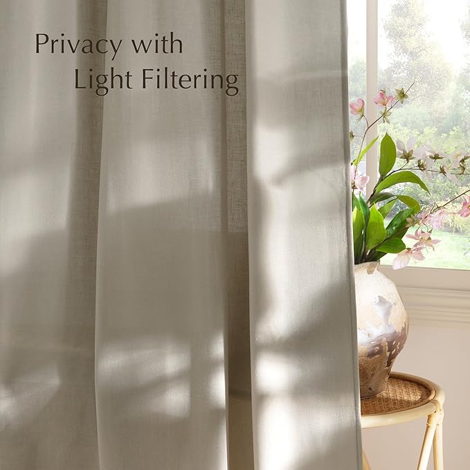 NICETOWN Cocoa Cream Linen Curtains for Kitchen, Thick Flax Small Window Treatments Semi Sheer Privacy Assured with Light Through for Cafe/Bathroom, W55 x L84, 2 Panels