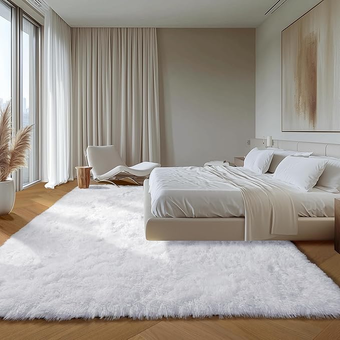 ONASAR White 6x9 Area Rugs for Living Room Bedroom, Large Fluffy Bedside Throw Rug, Soft Plush Shaggy Fuzzy Floor Carpet for Nursery Kids Girls Boys Teen Dorm Home Office Decor Aesthetic