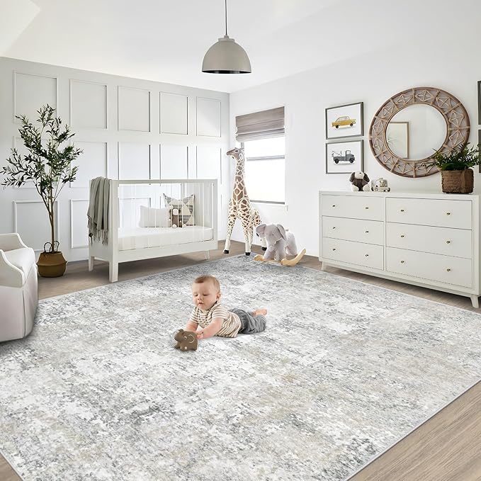 8x10 Area Rugs for Living Room, Washable Modern Abstract Large Area Rug Neutral Soft Non Slip Kids Rug Stain Resistant Indoor Carpet for Bedroom Nursery Dining Room Playroom(BeigeGrey, 8'x10')