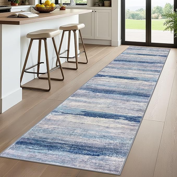 KOZYFLY Modern Abstract Washable Rug Runner 2.6x10 Hallway Rug Runner Non-Slip Soft Kitchen Runner Rugs, Blue/Grey/Beige Striped Carpet for Entryway Bathroom Laundry Room Foyer