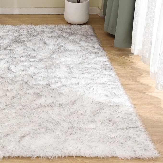 Goolela Fluffy Faux Sheepskin Fur Rug for Bedroom 3x5 White with Grey Tips Fuzzy Furry Bedside Plush Rug for Office Dorm Soft Shaggy Carpet Rectangle
