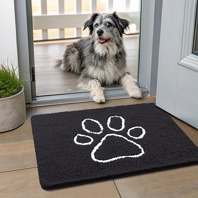 Smiry Dog Door Mat for Muddy Paws, Absorbent Dirt Trapper Non Slip Quick Dry Washable Chenille Mat for Mud Dogs, Entry Rug for Indoor and Outdoor (24x16 Inches, Black and White)