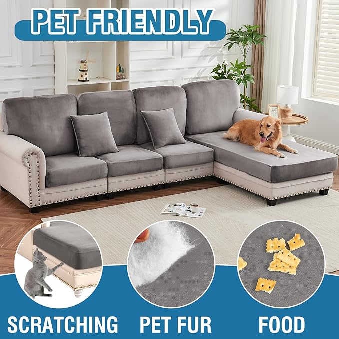 Couch Cover 6-Piece Elastic Velvet Couch Cushion Covers & Chaise Slipcovers for L-Shaped Sofas - Sofa Seat Covers Washable, Soft Protector for Couches (5 Seater + Chaise, Grey)