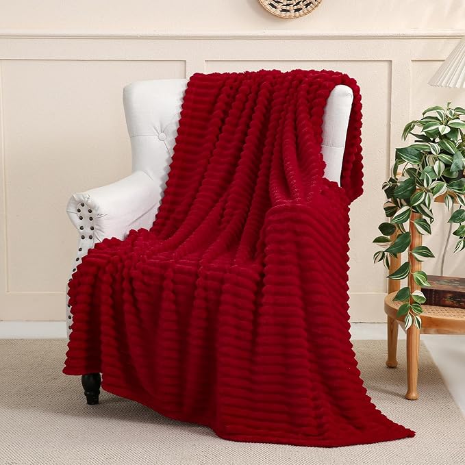 Red Fleece Throw Blanket 60”×80” for Couch Sofa Bed,Super Soft Cozy Plush Microfiber Flannel Blanket with Stripes Design Lightweight for Adults,Woman,Girls