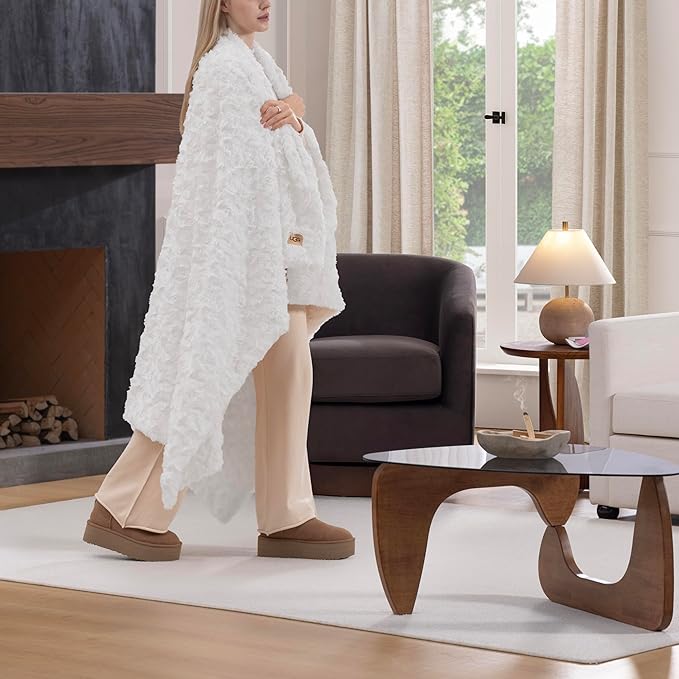 UGG Adalee Faux Fur Throw Blanket for Couch, Cozy Soft Blanket for Bed or Chair, Giftable Fluffy Throw, Machine Washable, Luxury Spring Home Decor, 50-inch x 70-inch, Natural White