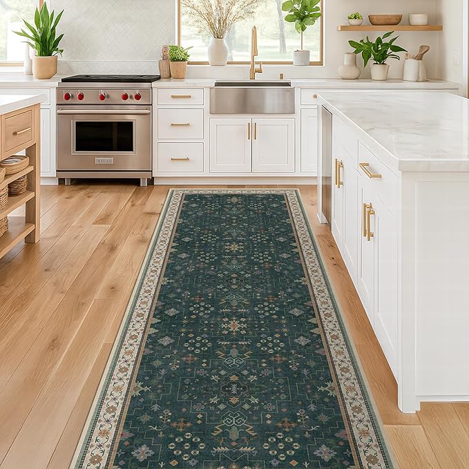 Dark Green Washable 2'6"x10' Long Runner Rugs for Hallway, Non Skid 10ft Indoor Rugs for Entryway, Stain Resistant Low Pile Carpet Boho Indoor Décor