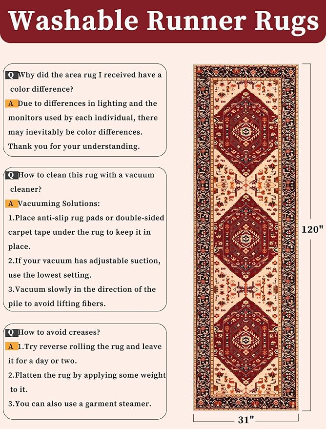 SERISSA Runner Rug for Hallways, 2'6"x10' Washable Non Slip Kitchen Runner Rug, Long Boho Rug Vintage Red Black Hallway Stair Ultra Soft Print Floor Carpet for Bedroom Bathroom Laundry Room